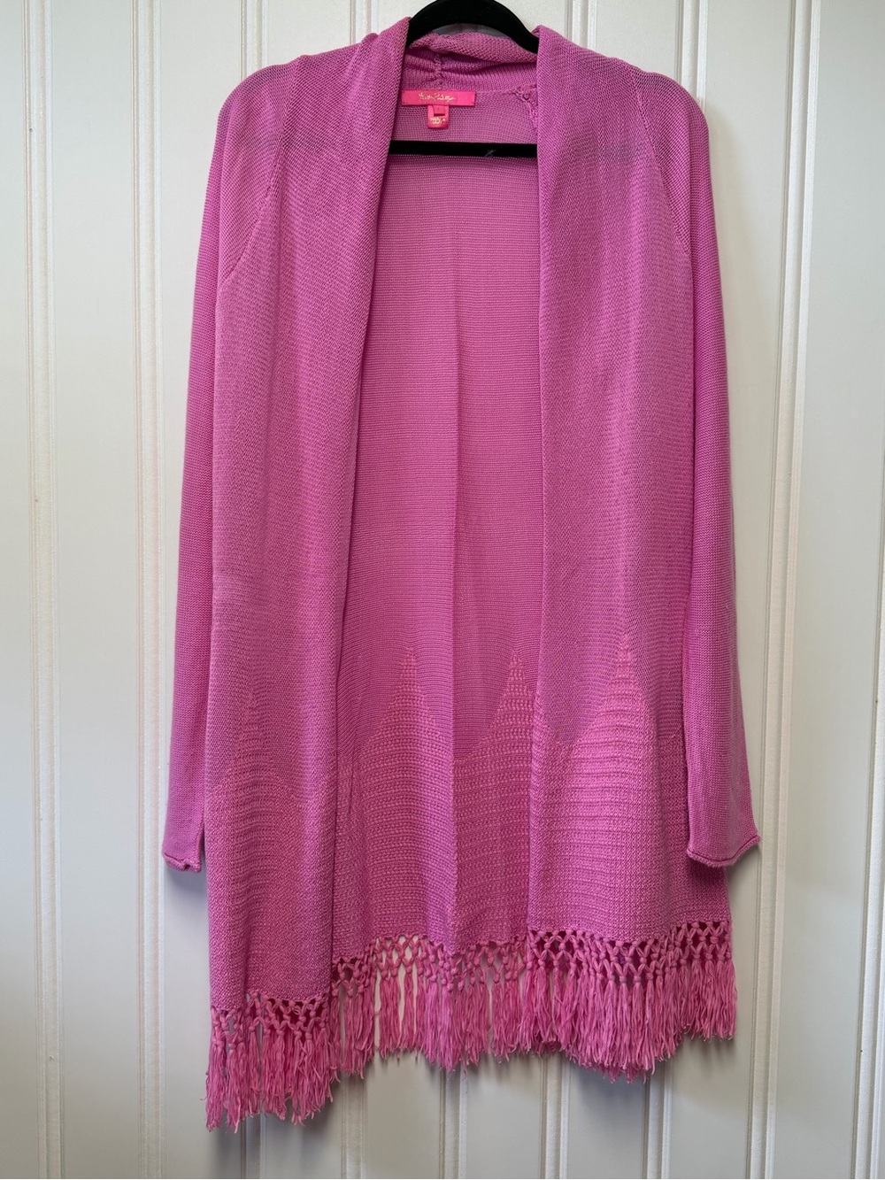 Lilly Pulitzer Pink Open Front Fringe Cardigan Sweater Size L